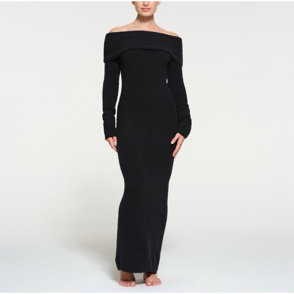 SKIMS Black Off-Shoulder Maxi Dress